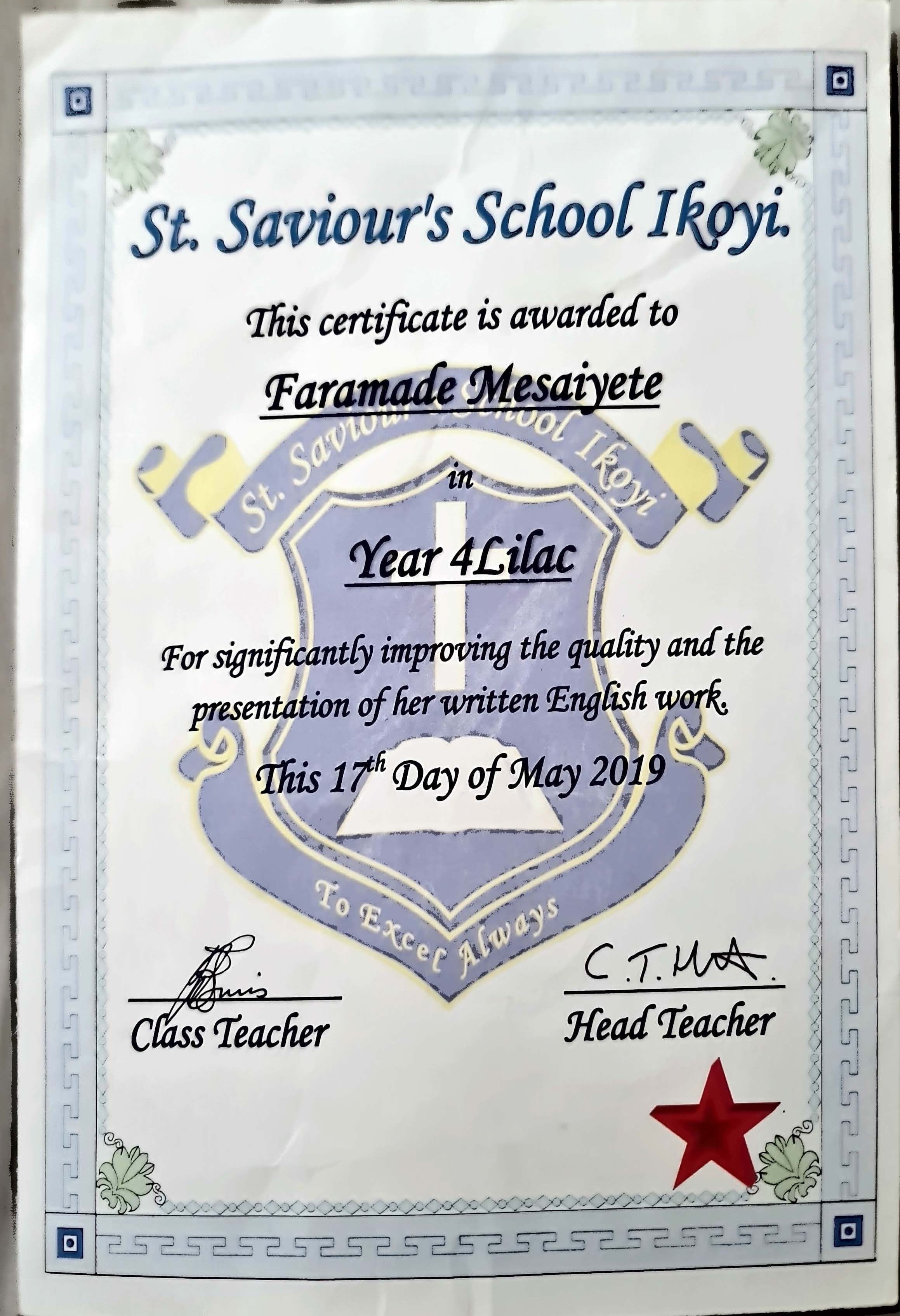 St Saviour’s School Ikoyi Certificates 4 